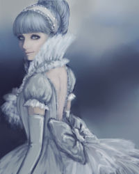 Rule 34 | 1girl, back, backless dress, backless outfit, bad id, bad pixiv id, bare back, blue background, blue dress, blue eyes, blue hair, blue theme, bow, cinderella, cinderella (character), cinderella (grimm), dress, elbow gloves, eyelashes, formal, gloves, hair up, hairband, highres, lips, looking at viewer, looking back, matching hair/eyes, portrait, puffy sleeves, ririko deluxe, short sleeves, smile, solo
