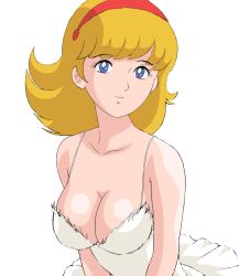 Rule 34 | 1960s (style), 1970s (style), 1girl, blonde hair, blue eyes, breasts, cleavage, cyborg 009, dress, francoise arnoul, hairband, looking at viewer, oldschool, retro artstyle, short hair, simple background, smile, solo, tsukiyo no ribbon, white background