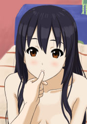 Rule 34 | 00s, 1girl, 1other, blue hair, blush, breasts, brown eyes, finger to mouth, hair down, k-on!, lips, long hair, nakano azusa, nude, out-of-frame censoring, small breasts, solo focus, tsukkun, upper body