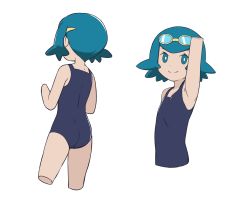 Rule 34 | 1girl, arm up, armpits, bare arms, black one-piece swimsuit, blue eyes, blue hair, bright pupils, child, closed mouth, commentary request, creatures (company), eyelashes, freckles, game freak, goggles, goggles on head, highres, lana (pokemon), looking at viewer, multiple views, nintendo, no sclera, one-piece swimsuit, pokemon, pokemon sm, short hair, simple background, smile, squid neetommy, swimsuit, trial captain, wedgie, white background, white pupils