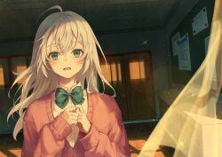 Rule 34 | 1girl, ahoge, blush, board, bow, classroom, collarbone, collared shirt, curtains, door, floating hair, green bow, green eyes, hand on own chest, long hair, long sleeves, looking at viewer, novel illustration, official art, open mouth, parted lips, pink sweater, r o ha, shimotsuki-san wa mob ga suki, shimotsuki shiho, shirt, skirt, solo, sweater, upper body, white hair, white skirt, window