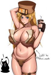 Rule 34 | !, 1girl, 1other, adapted costume, arm up, bikini, black gloves, blonde hair, blue eyes, borrowed design, breasts, brown bikini, cleavage, commentary, cup, disposable cup, drinking straw, eddie (guilty gear), english commentary, english text, fingerless gloves, fur hat, gloves, guilty gear, guilty gear strive, hat, highres, huge breasts, kevbot, long hair, looking at viewer, micro bikini, millia rage, side-tie bikini bottom, skindentation, solo focus, spaghetti strap, swimsuit, thick thighs, thigh strap, thighs, underboob, ushanka