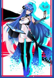 Rule 34 | 1girl, azur lane, bare shoulders, black footwear, black gloves, black thighhighs, blue hair, boots, breasts, cleavage, clothing cutout, criss-cross halter, detached collar, dress, gloves, halterneck, helena (azur lane), helena (meta) (azur lane), high heels, long hair, looking at viewer, medium breasts, red eyes, side slit, solo, tckd, thigh boots, thighhighs, tongue, tongue out, underboob cutout, very long hair, white dress, yu-gi-oh!
