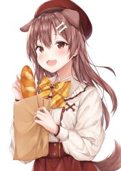 Rule 34 | 1girl, :3, absurdres, animal ears, bag, baguette, blush, bone hair ornament, bow, bowtie, bread, brown eyes, brown hair, cartoon bone, center frills, coffeedog, collared shirt, dog ears, dog girl, dog tail, eyebrows, fangs, food, frills, hair between eyes, hair down, hair ornament, hairclip, high-waist skirt, highres, holding, holding bag, holding food, hololive, inugami korone, inugami korone (street), long hair, long sleeves, looking at viewer, official alternate costume, open mouth, paper bag, plaid, plaid bow, plaid bowtie, plaid neckwear, red skirt, shirt, simple background, skirt, smile, solo, tail, upper body, virtual youtuber, white background, white shirt, yellow bow, yellow bowtie