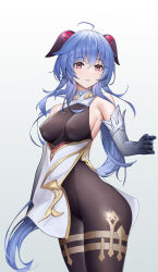 Rule 34 | 1girl, absurdres, ahoge, bad id, bad pixiv id, bare shoulders, blue hair, bodystocking, bodysuit, breasts, covered erect nipples, cowboy shot, elbow gloves, ganyu (genshin impact), genshin impact, gloves, gradient background, hair between eyes, highres, horns, impossible bodysuit, impossible clothes, jin mu mulin, long hair, looking at viewer, medium breasts, open mouth, ponytail, purple eyes, sideboob, simple background, solo, very long hair