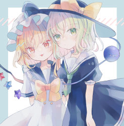 Rule 34 | alternate costume, black dress, black headwear, bow, bowtie, closed mouth, dress, flandre scarlet, green eyes, hat, hat bow, hiyuu (hiyualice), komeiji koishi, looking at viewer, puffy short sleeves, puffy sleeves, red eyes, short sleeves, smile, standing, star (symbol), third eye, tongue, tongue out, touhou, white background, white dress, white headwear, wings, yellow bow, yellow bowtie