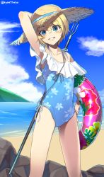 Rule 34 | 1girl, arm up, beach, blonde hair, blue eyes, blush, day, female focus, frills, grin, harpoon, hat, highres, innertube, iris (ryou@ryou), looking at viewer, ocean, one-piece swimsuit, original, outdoors, pawoo username, ryou@ryou, short hair, smile, solo, standing, straw hat, swim ring, swimsuit