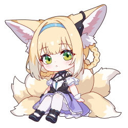 Rule 34 | 1girl, absurdres, animal ear fluff, animal ears, arknights, black footwear, black gloves, blonde hair, blue hairband, cape, chibi, closed mouth, frilled skirt, frills, gloves, green cape, green eyes, hairband, highres, lolifreak, looking at viewer, multicolored hair, multiple tails, pantyhose, purple skirt, shirt, shoes, short hair, simple background, single glove, sitting, skirt, solo, suzuran (arknights), tail, white background, white hair, white pantyhose, white shirt, wrist cuffs