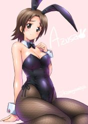 Rule 34 | 1girl, alternate costume, animal ears, arm support, bare shoulders, black leotard, blush, bow, bowtie, breasts, brown eyes, brown hair, character name, cleavage, detached collar, fake animal ears, fishnet pantyhose, fishnets, girls und panzer, highleg, highleg leotard, kamogawa tanuki, leotard, looking at viewer, medium breasts, pantyhose, pink background, playboy bunny, rabbit ears, sawa azusa, shiny clothes, short hair, side-tie leotard, signature, simple background, sitting, smile, solo, twitter username, wrist cuffs