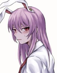 Rule 34 | 1girl, animal ears, blush, collared shirt, commentary request, eyelashes, hair between eyes, highres, light purple hair, long hair, looking at viewer, looking back, necktie, open mouth, parted lips, rabbit ears, red eyes, red necktie, reisen udongein inaba, screw, shirt, sidelocks, sideways glance, simple background, solo, standing, sweatdrop, touhou, upper body, white background, white shirt, wing collar, yonoisan