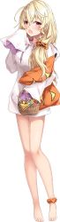 Rule 34 | 1girl, ;o, ahoge, barefoot, basket, blonde hair, blush, breasts, candy, chateau d&#039;usse (oshiro project), feet, food, full body, holding, holding basket, holding pillow, long hair, medium breasts, official art, one eye closed, open mouth, oshiro project:re, oshiro project:re, pillow, red eyes, scrunchie, sleeves past wrists, solo, standing, takanashi kei (hitsujikan), transparent background, wavy mouth, yawning
