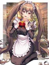 Rule 34 | 1girl, absurdly long hair, apron, black dress, black footwear, blurry, blurry background, breasts, brown eyes, brown hair, character request, copyright request, crossed bangs, dress, gift, hair between eyes, highres, holding, holding gift, juliet sleeves, kneeling, long hair, long sleeves, looking at viewer, maid apron, maid headdress, mary janes, medium breasts, oert129, open mouth, puffy sleeves, shoes, solo, twintails, very long hair, white apron, white headwear