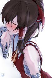 Rule 34 | 1girl, alcohol, bandages, bare shoulders, beer, blush, brown hair, can, closed eyes, detached sleeves, drunk, female focus, hair tubes, hakurei reimu, highres, holding, ryusui, simple background, solo, touhou, upper body, usui ryuu, white background