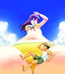 Rule 34 | 1boy, 1girl, arm support, between legs, bikini, blue eyes, character request, copyright request, from below, giant, giantess, leaning back, long hair, mini person, miniboy, navel, one eye closed, open mouth, purple hair, size difference, sky, swimsuit, teston, upper body, yellow bikini