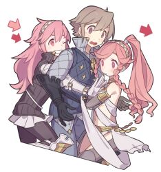 Rule 34 | 1boy, 2girls, arrow (symbol), brown eyes, brown hair, dancer, father and daughter, fire emblem, fire emblem awakening, fire emblem fates, gambeson, grandmother and granddaughter, haconeri, hairband, hug, hug from behind, laslow (fire emblem), long hair, mother and son, multiple girls, navel, nintendo, olivia (fire emblem), one eye closed, pink eyes, pink hair, ponytail, short hair, smile, soleil (fire emblem), teeth, white background