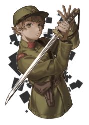 Rule 34 | 1boy, absurdres, bad id, bad pixiv id, belt, brown gloves, brown hair, flat cap, gloves, green eyes, green hat, green jacket, hands up, hat, high collar, highres, holding, holding sword, holding weapon, holster, imperial japanese army, jacket, katana, looking at viewer, male focus, military, military hat, military jacket, military uniform, original, parted lips, sam browne belt, short hair, signature, simple background, soldier, solo, sword, tsukino miyako, uniform, upper body, weapon