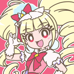 Rule 34 | 1girl, aisaki emiru, blonde hair, blunt bangs, blush, bow, bright pupils, collar, cure macherie, drill hair, earrings, eyelashes, frills, gloves, hair bow, hair ornament, hand on own hip, high collar, highres, hugtto! precure, index finger raised, jewelry, long hair, looking at viewer, magical girl, mayena, open mouth, outline, pom pom (clothes), pom pom earrings, precure, puffy short sleeves, puffy sleeves, red background, red eyes, red lips, short sleeves, signature, simple background, smile, solo, twintails, upper body, white gloves, white outline, white pupils