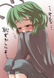 Rule 34 | 1girl, antennae, blush, cape, embarrassed, female focus, gaoo (frpjx283), green eyes, green hair, highres, matching hair/eyes, short hair, solo, text focus, touhou, translated, wriggle nightbug