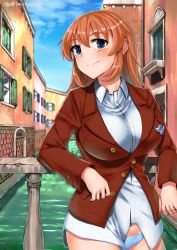 Rule 34 | 1girl, absurdres, blazer, blouse, blue eyes, blush, breasts, charlotte e. yeager, closed mouth, highres, hiroshi (hunter-of-kct), jacket, large breasts, long hair, looking at viewer, orange hair, outdoors, panties, red jacket, shiny skin, shirt, smile, solo, strike witches, underwear, white panties, white shirt, world witches series