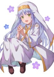 Rule 34 | 1girl, blue hair, blush, brown footwear, dress, flat chest, floral background, full body, gold trim, green eyes, habit, highres, index (toaru majutsu no index), knees up, lis mu9, long hair, looking at viewer, nun, open mouth, own hands clasped, own hands together, remoa, robe, safety pin, sitting, smile, solo, toaru majutsu no index, white background, white dress, white robe