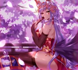 Rule 34 | 1girl, absurdres, animal ear fluff, animal ears, ass, bare shoulders, black thighhighs, blush, breasts, bridal gauntlets, cherry blossoms, china dress, chinese clothes, dress, facial mark, flower, folding fan, fox ears, fox girl, fox tail, hair between eyes, hair flower, hair ornament, hand fan, heiyan shenshi, highres, holding, holding fan, large breasts, long hair, looking at viewer, nail polish, pink nails, purple hair, red dress, sitting, smile, solo, tail, thighhighs, tower of saviors