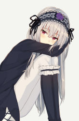 Rule 34 | 1girl, absurdres, bad id, bad pixiv id, black dress, black footwear, black hairband, blush, boots, commentary request, covered mouth, dress, feet out of frame, flower, frilled boots, frilled footwear, frills, grey background, grey hair, hair between eyes, hairband, highres, knee boots, knees up, leisss, long hair, looking at viewer, pantyhose, purple flower, purple rose, red eyes, rose, rozen maiden, simple background, sitting, solo, suigintou, very long hair, white pantyhose