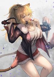 Rule 34 | 1girl, :p, animal ears, arknights, black jacket, blonde hair, breasts, candy, cleavage, commentary, cowboy shot, food, fur-trimmed jacket, fur-trimmed shorts, fur trim, grey background, hair between eyes, hammer, hands up, highres, holding, holding food, holding hammer, holding weapon, jacket, large breasts, lion ears, lion tail, lollipop, long hair, long sleeves, looking at viewer, ohako (ohako1818), red shorts, revision, short shorts, shorts, siege (arknights), solo, tail, tank top, thighs, tongue, tongue out, weapon, white tank top, yellow eyes