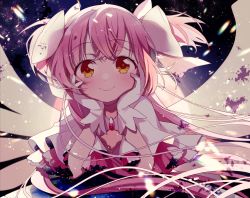 Rule 34 | 1girl, arm support, ayumaru (art of life), frilled sleeves, frills, gloves, hands on own cheeks, hands on own face, head rest, kaname madoka, long hair, looking at viewer, mahou shoujo madoka magica, mahou shoujo madoka magica (anime), pink hair, ribbon, smile, solo, space, twintails, ultimate madoka, white gloves, wings, yellow eyes