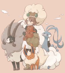 Rule 34 | 1girl, altaria, backpack, bag, black gloves, black pantyhose, boots, bright pupils, brown eyes, brown footwear, brown hair, coat, creatures (company), dubwool, east sha2, expedition uniform, flareon, game freak, gen 1 pokemon, gen 3 pokemon, gen 5 pokemon, gen 8 pokemon, gloria (pokemon), gloves, highres, long sleeves, looking at viewer, nintendo, pantyhose, pokemon, pokemon (creature), pokemon swsh, red coat, short hair, skirt, standing, whimsicott, white pupils, white skirt