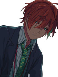 Rule 34 | 1boy, asada hachi, bags under eyes, collared shirt, commentary request, green necktie, hair between eyes, hypnosis mic, kannonzaka doppo, looking at viewer, loose necktie, male focus, messy hair, multicolored hair, necktie, orange hair, parted lips, shirt, short hair, simple background, solo, striped clothes, striped shirt, two-tone hair, upper body, vertical-striped clothes, vertical-striped shirt, white background, white shirt
