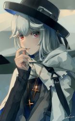 Rule 34 | 1girl, absurdres, arknights, black hat, black shirt, coat, cross, cross necklace, finger to mouth, grey background, grey hair, hat, highres, jewelry, lips, long hair, long sleeves, looking at viewer, multiple necklaces, necklace, official alternate costume, red eyes, shirt, signature, solo, specter (arknights), specter (undercurrent) (arknights), upper body, welt (kinsei koutenkyoku), white coat