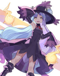 Rule 34 | 1girl, alternate costume, armpits, black footwear, black hat, blue hair, boots, cosplay, creatures (company), detached sleeves, falken (yutozin), game freak, gen 4 pokemon, hat, highres, iono (pokemon), long hair, looking at viewer, mismagius, mismagius (cosplay), multicolored hair, nintendo, open mouth, pokemon, pokemon sv, purple hair, sharp teeth, simple background, sleeves past fingers, sleeves past wrists, smile, solo, standing, teeth, thighs, two-tone hair, upper teeth only, white background, witch hat, yellow eyes