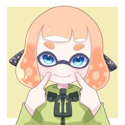 Rule 34 | 1girl, blue eyes, border, closed mouth, commentary request, green background, green jacket, headphones, highres, inkling, inkling girl, inkling player character, jacket, looking at viewer, medium hair, nintendo, orange hair, outside border, simple background, smile, solo, splatoon (series), tentacle hair, thick eyebrows, tonbofree, upper body, white border