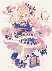 Rule 34 | 1girl, animal ear fluff, animal ears, black cat, blue dress, blush, book, bow, braid, brooch, cat, cookie, cup, dress, food, frilled dress, frills, full body, glasses, hair bow, hat, hat bow, highres, jewelry, long hair, long sleeves, original, pink bow, quill, shoes, signature, simple background, smile, solo, standing, star (symbol), striped, suitcase, tea, teacup, uekura eku, vertical stripes, very long hair