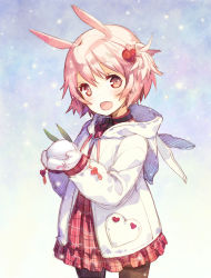 Rule 34 | 1girl, :d, animal ears, black pantyhose, coat, fang, h2so4, hair ornament, looking at viewer, mittens, open mouth, original, pantyhose, pink eyes, pink hair, plaid, rabbit ears, short hair, side ponytail, sketch, smile, snow rabbit, solo
