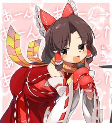 Rule 34 | 1girl, arrow (symbol), benikurage (cookie), blush, bow, brown eyes, brown hair, commentary request, cookie (touhou), detached sleeves, dress, feet out of frame, frilled bow, frilled hair tubes, frills, hair bow, hair tubes, hakurei reimu, holding, holding microphone, leaning forward, lets0020, looking at viewer, medium bangs, medium hair, microphone, mittens, open mouth, parted bangs, pink background, pink scarf, red bow, red dress, red mittens, ribbon-trimmed sleeves, ribbon trim, sarashi, scarf, sleeveless, sleeveless dress, smile, solo, striped clothes, striped scarf, touhou, white sleeves, wide sleeves, yellow scarf