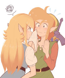 Rule 34 | 1boy, 1girl, angry, belt, blonde hair, blue dress, blue eyes, brown hair, dress, earrings, elf, face-to-face, hand on own hip, hat, highres, jewelry, link, long hair, master sword, nervous, nintendo, pointy ears, princess zelda, sidelocks, standing, sweat, sword, the legend of zelda, the legend of zelda: a link to the past, triforce, tunic, weapon, wiping face
