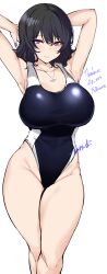 Rule 34 | 1girl, absurdres, agetama, arms up, black hair, breasts, closed mouth, competition swimsuit, groin, highleg, highleg swimsuit, highres, jewelry, large breasts, looking at viewer, milestone celebration, mole, mole under eye, one-piece swimsuit, original, pendant, purple eyes, short hair, simple background, smile, swimsuit, thank you, white background, wide hips