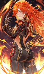 1girl absurdres ahoge ass biker_clothes bikesuit black_bikesuit black_gloves bodysuit commentary fire from_behind genshin_impact gloves highres long_hair mavuika_(genshin_impact) orange_eyes orange_hair orange_pupils solo sun-shaped_pupils sun_earrings sunburst_iris two-tone_eyes zawzawa zipper zipper_pull_tab