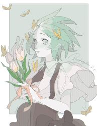 Rule 34 | 1other, aqua eyes, aqua hair, aqua nails, bug, butterfly, character name, collared shirt, colored skin, crystal hair, floating clothes, floating hair, flower, framed, gem uniform (houseki no kuni), glint, green eyes, green hair, green nails, highres, holding, holding flower, houseki no kuni, insect, lips, looking at viewer, minmim, nail polish, necktie, other focus, outside border, parted bangs, phosphophyllite, shirt, shirt tucked in, short hair, shorts, sidelocks, solo, sparkle, suspender shorts, suspenders, translucent, translucent hair, white shirt, white skin, wide sleeves, wing collar