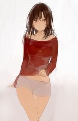 Rule 34 | 1girl, brown eyes, brown hair, clothes lift, collarbone, expressionless, grey background, long hair, long sleeves, lpip, original, red shirt, shirt, shirt lift, shorts, simple background, solo, standing