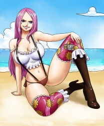Rule 34 | bikini, bikini bottom only, boots, breasts, cleavage, cloud, cloudy sky, crop top, curvy, frilled shirt, frilled socks, frills, groin, hand on own knee, iury padilha, jewelry bonney, large breasts, lips, midriff, ocean, one piece, piercing, pink hair, purple eyes, sand, shirt, sky, smile, socks, suspenders, swimsuit, tagme, tank top, thick thighs, thighhighs, thighs, wide hips