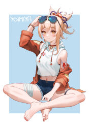Rule 34 | 1girl, absurdres, alternate costume, arm up, bandaged leg, bandages, barefoot, blonde hair, blue-tinted eyewear, blue background, blue shorts, blush, border, bracelet, character name, closed mouth, collar, collarbone, denim, denim shorts, eyewear on head, feet, full body, genshin impact, hair between eyes, half updo, highres, hood, hooded sweater, indian style, jacket, jewelry, legs, long sleeves, looking at viewer, midriff, nail polish, navel, open clothes, open jacket, red collar, red jacket, red nails, short shorts, shorts, sitting, sleeveless, sleeveless sweater, smile, solo, stomach, sunglasses, sweater, thigh strap, tinted eyewear, toenail polish, toenails, toes, vic (user ztdh7374), white border, white sweater, yellow eyes, yoimiya (genshin impact)