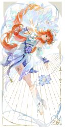 Rule 34 | 1girl, absurdres, aqua eyes, barefoot, bent over, blue dress, blue sleeves, card (medium), circlet, closed mouth, crossed legs, detached sleeves, dress, flower, full body, genshin impact, gradient sleeves, guaishengyin, headdress, highres, long hair, looking to the side, nilou (breeze of sabaa) (genshin impact), nilou (genshin impact), official alternate costume, padisarah flower, parted bangs, purple flower, red hair, sleeveless, sleeveless dress, smile, socks, solo, tarot, tarot (medium), very long hair, vision (genshin impact), white background, white dress, white sleeves, white socks, white veil