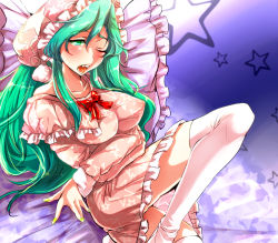 Rule 34 | 1girl, bad id, bad pixiv id, blush, breasts, enigma (odd15), female focus, green hair, hat, kazami yuuka, kazami yuuka (pc-98), large breasts, long hair, lotus land story, lying, nail polish, nightgown, one eye closed, open mouth, pillow, solo, star (symbol), thighhighs, touhou, touhou (pc-98), white thighhighs, wink, yellow nails