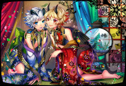 Rule 34 | androgynous, anklet, bare shoulders, barefoot, blonde hair, blue eyes, confetti, hand fan, flat chest, gender request, horns, japanese clothes, jewelry, kneeling, lipstick, makeup, matsurika youko, nail polish, oni, original, paper fan, red eyes, short hair, silver hair, smile