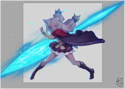 Rule 34 | 1girl, 7th dragon, 7th dragon (series), 7th dragon 2020, animal ear fluff, animal ears, armband, belt, belt pouch, black cloak, blue eyes, boots, bow, cloak, dated, energy, glowing, grey background, holding, holding weapon, ikeda (cpt), lucier (7th dragon), pouch, red armband, solo, standing, striped, striped bow, twintails, weapon, white hair