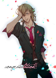 Rule 34 | 10s, 1boy, alternate costume, bad id, bad pixiv id, barnaby brooks jr., blonde hair, blue eyes, confetti, english text, engrish text, glasses, hand on own face, highres, male focus, mamita, ranguage, solo, tiger &amp; bunny, wink