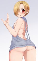 Rule 34 | 1girl, absurdres, aki (sangetusei), ass, back, bare arms, blonde hair, breasts, commentary request, earrings, from behind, gradient background, grey background, hair over one eye, highres, idolmaster, idolmaster cinderella girls, jewelry, looking at viewer, looking back, meme attire, naked sweater, red eyes, ribbed sweater, shirasaka koume, simple background, small breasts, solo, sweat, sweater, turtleneck, turtleneck sweater, virgin killer sweater