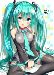 Rule 34 | 1girl, :d, aqua hair, bare shoulders, black skirt, black thighhighs, blue eyes, breasts, collared shirt, detached sleeves, grey shirt, hairband, hatsune miku, highres, indian style, lapel pin, large breasts, long hair, long sleeves, looking at viewer, miniskirt, mokufuu, musical note, necktie, open mouth, pleated skirt, shadow, shirt, signature, sitting, skirt, smile, solo, spoken musical note, thighhighs, twintails, very long hair, vocaloid, zettai ryouiki
